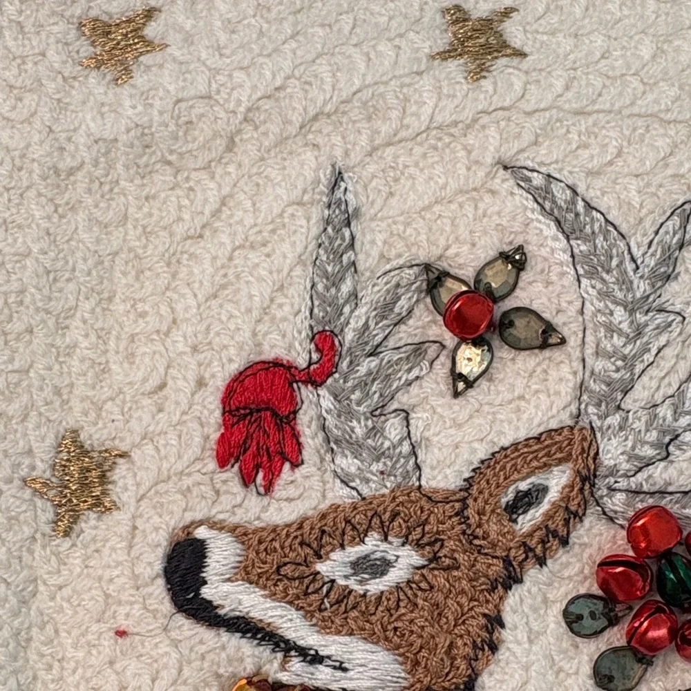 2 NWT Williams Sonoma Reindeer Stockings with Red & Cream Embroidery/bells